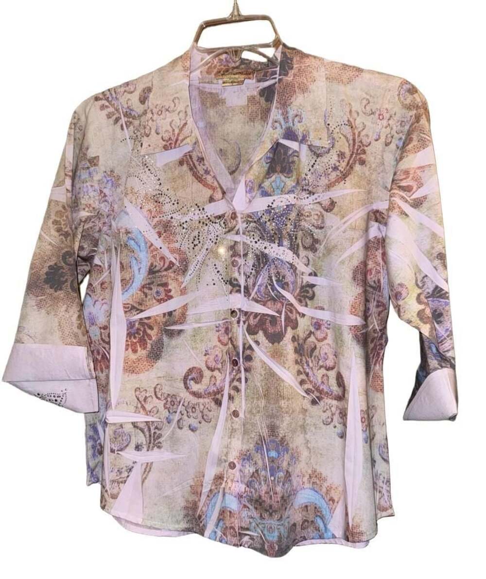 Las Olas Embellished Paisley Button Front Shirt Women’s M Rhinestone 3/4 Sleeve